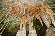 Stalactites And Stalagmites Inside Of The Rei Do Mato Grotto In Minas Gerais State. A Stalactite Is A Type Of Formation That Hangs From The Ceiling Of Caves, Hot Springs, Or Manmade Structures.