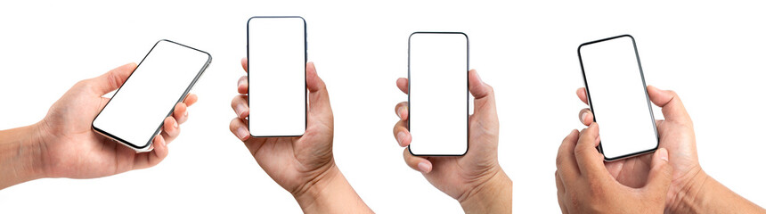 Closeup studio shot, collection of hand holding phone blank touch screen. isolated on white background. Business man hand holding a modern smartphone.