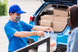 © sorapop - Asian young delivery man wear face mask he making grocery service giving rice food boxes plastic bags to woman customer receiving door at house after pandemic coronavirus, Back to new normal concept