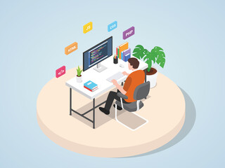 Man working on laptop programming coding website web mobile landing page template banner with isometric 3d flat style Vector illustration.