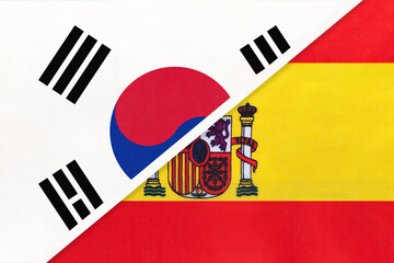 South Korea and Spain, symbol of national flags from textile. Championship between two countries.