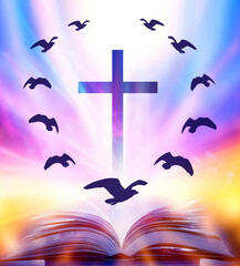 The Christian Cross is illuminated in a book in white and fantasy light, with magic shining as hope, love and freedom in beautiful illustrations.