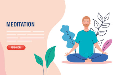 Sticker - banner of man meditating, concept for yoga, meditation, relax, healthy lifestyle in landscape vector illustration design