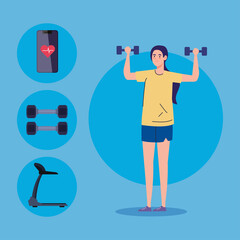 Sticker - sport and leisure, woman with weights and sport icons vector illustration design