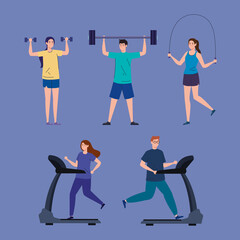 Sticker - sport, group people practicing sport, healthy lifestyle vector illustration design