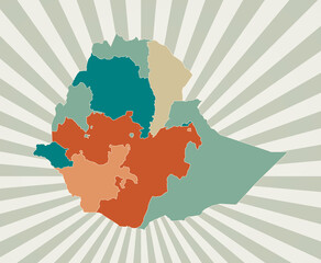 Wall Mural - Ethiopia map. Poster with map of the country in retro color palette. Shape of Ethiopia with sunburst rays background. Vector illustration.