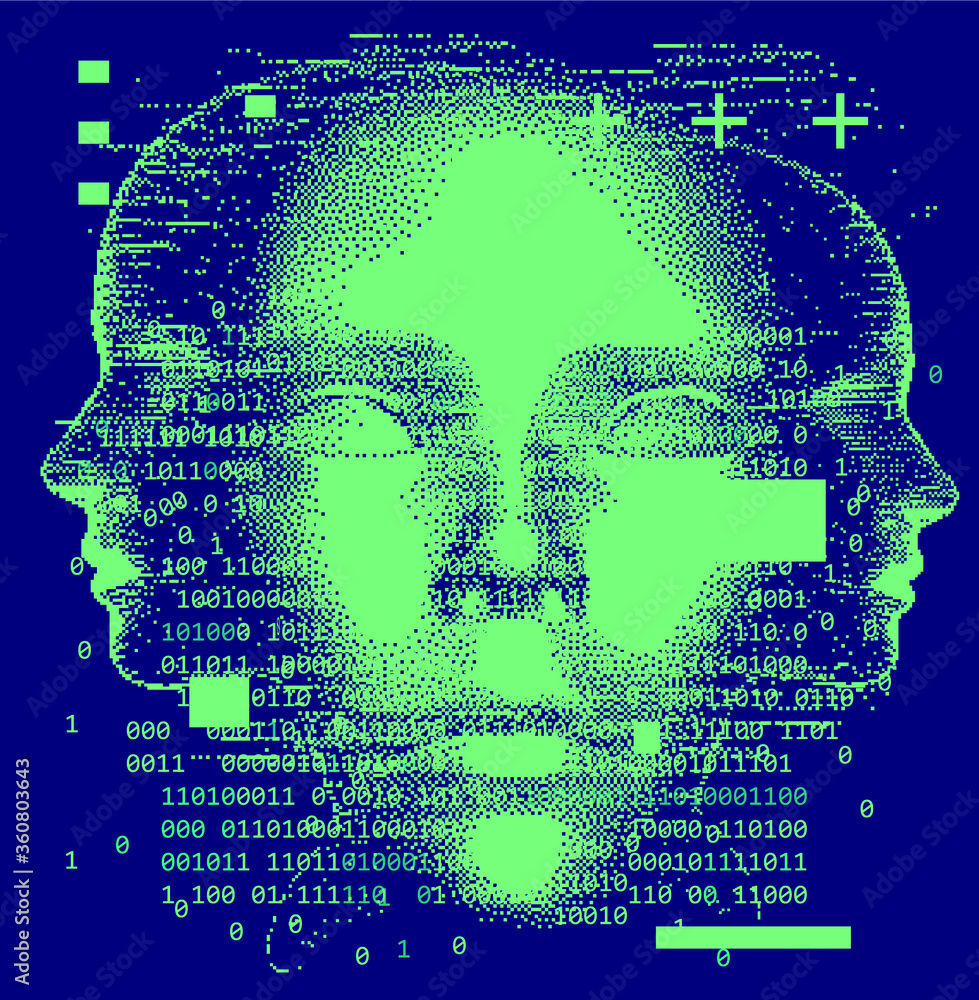 Abstract technology background with binary code and 3d face mask ...