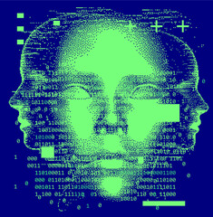 Wall Mural - Abstract technology background with binary code and 3d face mask. Conceptual illustration of Artificial intelligence.