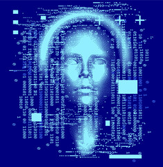 abstract technology background with binary code and 3d face mask. conceptual illustration of artific