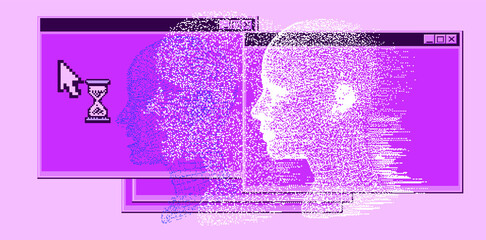 Poster - Abstract technology background with 3D face mask and user interface elements in pixel art style. Conceptual illustration of Artificial intelligence.