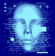 Abstract technology background with binary code and 3d face mask. Conceptual illustration of Artificial intelligence.