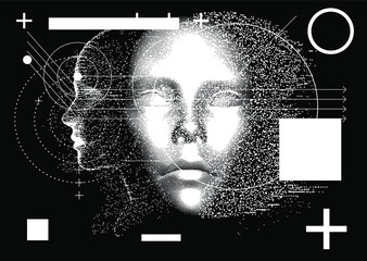 Poster - Silhouette of a human made in pixel art style. Conceptual image of AI (artificial intelligence), VR (virtual reality), Deep Learning  and Face recognition systems.
