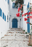Fototapeta Uliczki - White-blue houses in the style of a Greek village with bright flowering plants. A staircase leads to a blue door.
