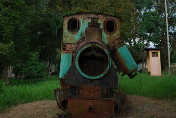 Sticker - Landscape shot of an old rusty abandoned train front