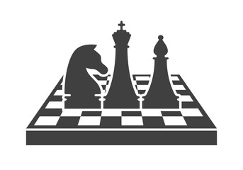 Black chess logo template. King, knight and bishop figures standing on chessboard isolated on white background. Chess tournament and professional sport competition symbol. Chess school vector sign