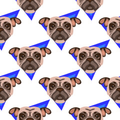 Seamless pattern with pug dog heads, vector illustration