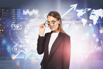 Wall Mural - Woman in glasses in office, business interface