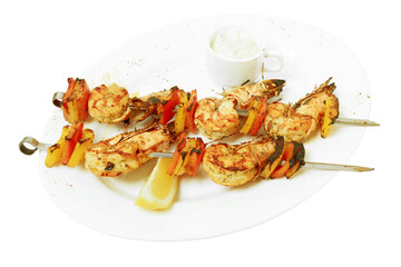 Sticker - Grilled shrimp and pepper on metal skewers.