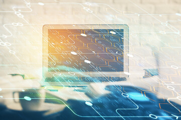 multi exposure of desktop computer and technology theme hologram. concept of software development.
