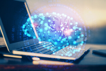 Aufkleber - Multi exposure of work space with computer and human brain hologram. Brainstorm concept.