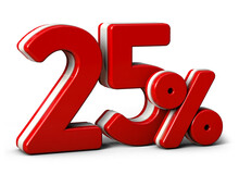 25 Percent In Red.  Isolated On White Background. Special Offer Twenty-five Percent Off Discount Tag. 3d Render. 25%