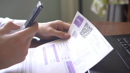 QR Code Scanner. Electricity and Gas Bill. Payment of utility using QR code and mobile device. Consumer pays on his smartphone