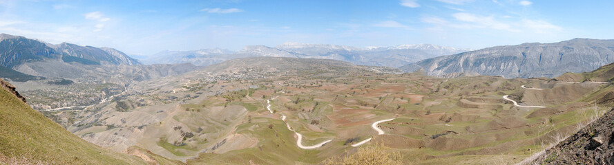 Wall Mural - Rural mountainous landscape with terraced fields. Area between Tlokh and Khunsakh villages, Dagestan, North Caucasus, Russia.