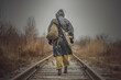 Soldier in raincoat with a backpack and rifle is walking away on the railroad.