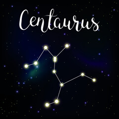 vector illustration of constellation centaurus with lettering astrology name on space background wit