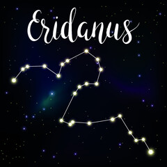 Vector illustration of constellation Eridanus with lettering astrology name on space background with stars in shining galaxy.