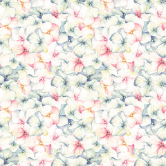 Watercolor vintage seamless pattern with inflorescence flowers hydrangea. Floral illustration for textile, wrapping paper or wallpapers.