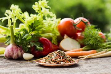 Canvas Print - Plate with mix of vegetable condiment for soup