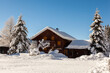 Winterlandschaft mit einsamer Hütte zwischen Bäumen in Berchtesgaden