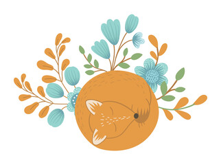 Wall Mural - Vector hand drawn flat sleeping fox with flowers and leaves. Funny scene with woodland animal. Cute forest animalistic illustration for children’s design, print, stationery.