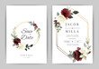Wedding invitation card template set with flower red and white rose  watercolor and gold frame vector