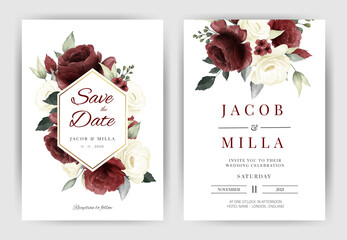 Wall Mural - Wedding invitation card template set with bouquet white and red rose flower watercolor vector gold frame