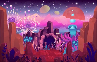 Wall Mural -  Fantasy landscape with a cave magical plants and mushrooms. Illustration of space.  Background for games and mobile applications.