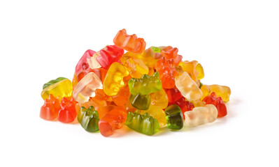 Pile of multicolored gummy bears candy isolated on white background. Jelly sweets of differenr colors. Popular gummies made from fruit juice, gelatin and sugar.