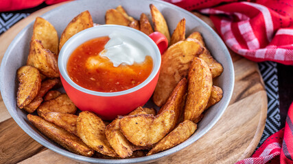 A serve of Potato Wedges in a round bowl with sweet chilli and sour cream sauce