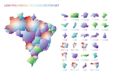  Brazilian low poly regions. Polygonal map of Brazil with regions. Geometric maps for your design. Authentic vector illustration.