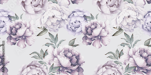 Nowoczesny obraz na płótnie Seamless floral pattern with peony flowers on summer background, watercolor. Botanical art