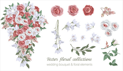 Wall Mural - Vector floral set with leaves and flowers. Elements for your compositions, greeting cards or wedding invitations. Red and white roses, berries and white flowers