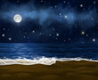 Realistic vector sand beach with twinkle pebbles at night. Vector coast under the starry sky with moon shining on it. Empty sea shore washed by waves with foam for your project and disign.