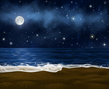 Realistic Vector Sand Beach With Twinkle Pebbles At Night. Vector Coast Under The Starry Sky With Moon Shining On It. Empty Sea Shore Washed By Waves With Foam For Your Project And Disign.
