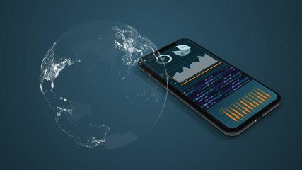 3D animation of Data charts and graphs being displayed on a smartphone. Financial stock market predictions app with world globe spinning in foreground. International business in 4K.