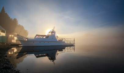 Wall Mural - sea tourism. foggy morning on the lake, bright sun, ship and boat in backlight near the shore.