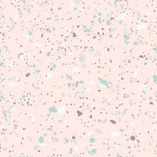 Vector Terrazzo Seamless Pattern. Abstract Background Of Mosaic Floor With Natural Stones, Granite, Marble, Quartz, Limestone, Concrete. Realistic Flooring Texture. Design In Pink Pastel Color Palette