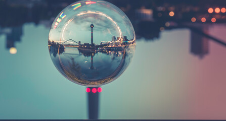 Wall Mural - Dusseldorf, Germany - Night View Crystal Glass Ball Travel around the World - TV Tower Harbor Rhine River Promenade in Dusseldorf Germany