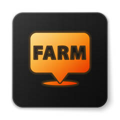 orange glowing neon location farm icon isolated on white background. black square button. vector.