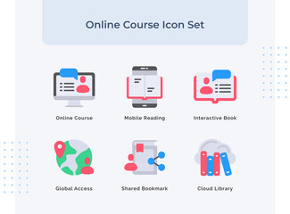 Wall Mural - preview online course icon set mobile reading interactive book global access shared bookmark cloud l